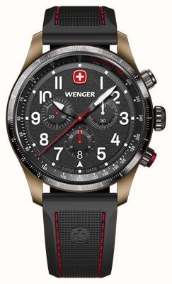 Wenger Cronógrafo de cuarzo Terragraph color bronce (43 mm) con esfera negra texturizada y correa de silicona negra. 01.0543.113