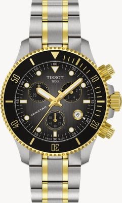Tissot Seastar 1000 Quarz-Chronograph (38 mm) mit klassifiziertem grauschwartzem Zifferblatt / zweifarbigem Edelstahlarmband-Uhr T1202172206100