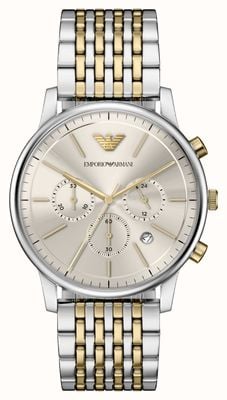 Emporio Armani Cronógrafo minimalista (42 mm), esfera color champán / brazalete de acero inoxidable de dos tonos AR11773