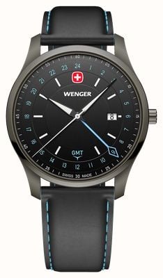 Wenger City GMT Quarz (42 mm) gebürstetes schwarzes Zifferblatt / schwarzes Lederarmband 01.1442.105
