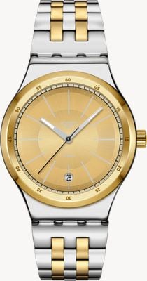 Swatch Mecanismo Goldcloak (42 mm), esfera dorada / brazalete bicolor de acero inoxidable YIS437G