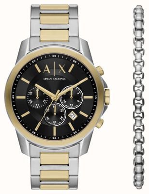 Armani Exchange Coffret cadeau homme (44 mm) cadran noir / bracelet bicolore avec bracelet assorti AX7148SET