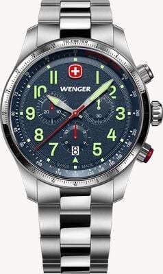 Wenger Terragraph Quarz-Chronograph (43 mm), strukturiertes blaues Zifferblatt / Edelstahlarmband 01.0543.112