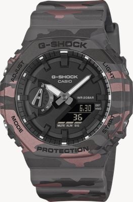 Casio Oryginalny kamuflaż G-shock serii 2100 (45,4 mm) z czarną tarczą / czerwonym paskiem z żywicy kamuflażowej GA-2100CM-8AER