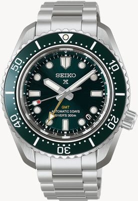 Seiko Reloj Prospex 1968 Heritage GMT de buceo de 300 m (42 mm) con esfera verde pacífico y brazalete de acero inoxidable. HBC001J1