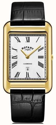 Rotary Cambridge date gouden vierkante horloge voor heren, zwarte leren band GS05283/01