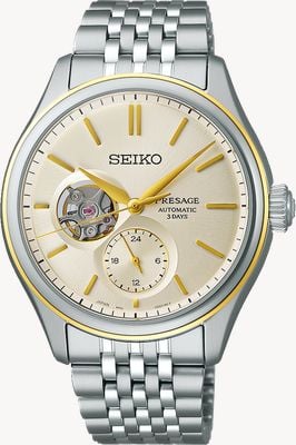 Seiko Montre Presage série classique cœur ouvert en soie crème délicate (40,2 mm) cadran champagne / bracelet en acier SPB480J1