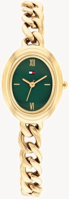 Tommy Hilfiger Reloj de cuarzo semi ovalado de tres agujas (21,5 mm), esfera verde / brazalete de acero inoxidable con recubrimiento PVD dorado 1782877