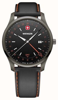Wenger City GMT Quarz (42 mm) gebürstetes schwarzes Zifferblatt / schwarzes Lederarmband 01.1442.106