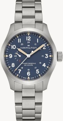 Hamilton Relógio mecânico Khaki Field reserva de marcha (40mm) mostrador azul / pulseira de aço inoxidável H69509140