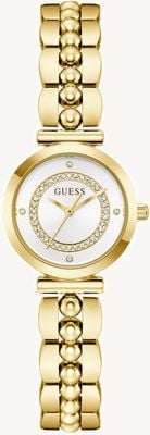 Guess Leena Quarzuhr mit drei Zeigern (26 mm), silbernes Zifferblatt / Armband aus goldfarbenem PVD-beschichtetem Edelstahl GW0994L2