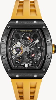 TSAR BOMBA Elemental-Serie Carbon, automatische Gangreserve (42,8 mm), schwarzes Zifferblatt/orangefarbenes FKM-Kautschukarmband TB8212CF-03