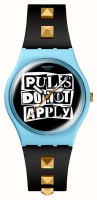 Swatch Broken Rules (34 mm) schwarzes bedrucktes Zifferblatt / schwarzes Silikonarmband mit goldfarbenen Nieten SO31L101