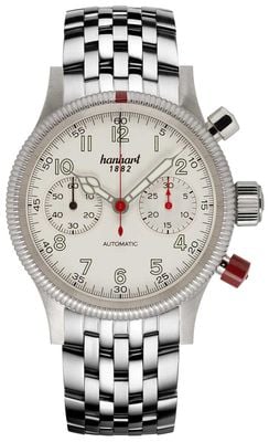 Hanhart Pioneer MK II Automatik-Chronograph (40 mm), antikes weißes Zifferblatt / Edelstahlarmband 716.200-6428