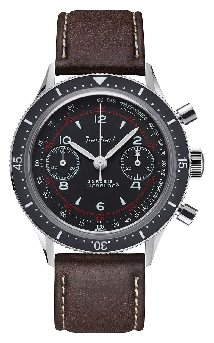 Hanhart 415 es pure (39 mm) cadran noir / bracelet en cuir montre
