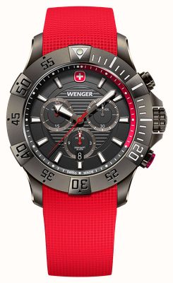 Wenger Seaforce Quarz-Chronograph (43 mm), schwarzes Zifferblatt / rotes Silikonarmband 01.0643.128