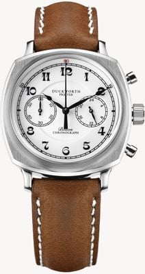 Duckworth Prestex Bolton-Chronograph Meca-Quarz (39 mm), Porzellan, weißes Zifferblatt / braunes Horween-Leder D531-02-B