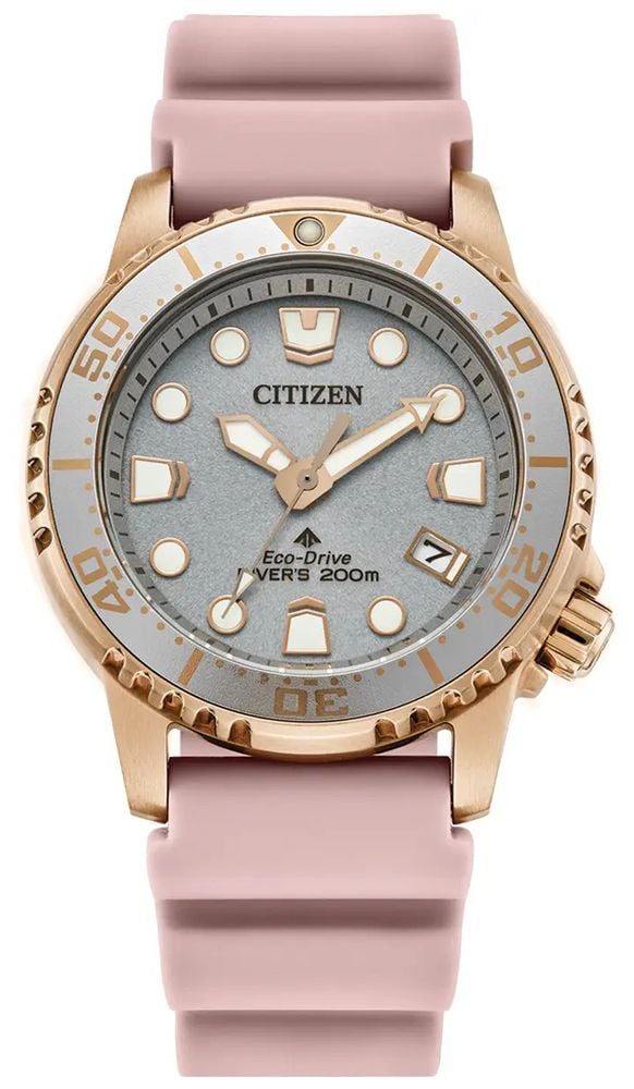 Citizen Promaster Diver Eco Drive 36.5mm Grey Dial Pink Polyurethane Strap EO2023 00A James Moore Co. Jewellers of Distinction Since 1997 in Kenilworth Warwickshire