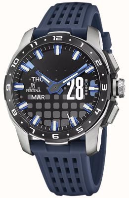 Festina Relógio inteligente híbrido totalmente conectado (44 mm) com visor digital e pulseira de silicone azul-escura. F23305/3