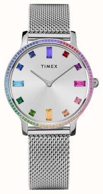 Timex Damenarmband (34 mm) mit silbernem Zifferblatt und Regenbogenkristallen/Edelstahlgeflecht TW2W19100