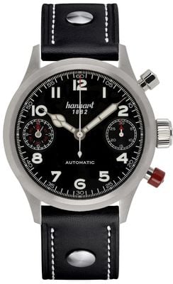 Hanhart Chronographe automatique Pioneer Twindicator (45 mm), cadran noir / bracelet en cuir noir - m 730.210-0010