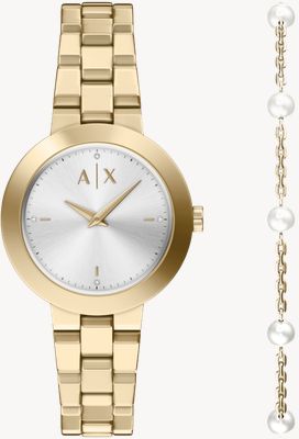 Armani Exchange Quartz Watch & Bracelet Gift Set (36mm) Silver Sunray Dial / Gold PVD Stainless Steel Bracelet AX7185SET
