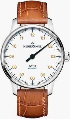 MeisterSinger Biała tarcza N°03 (38 mm) i skórzany pasek w kolorze koniaku BM9901G