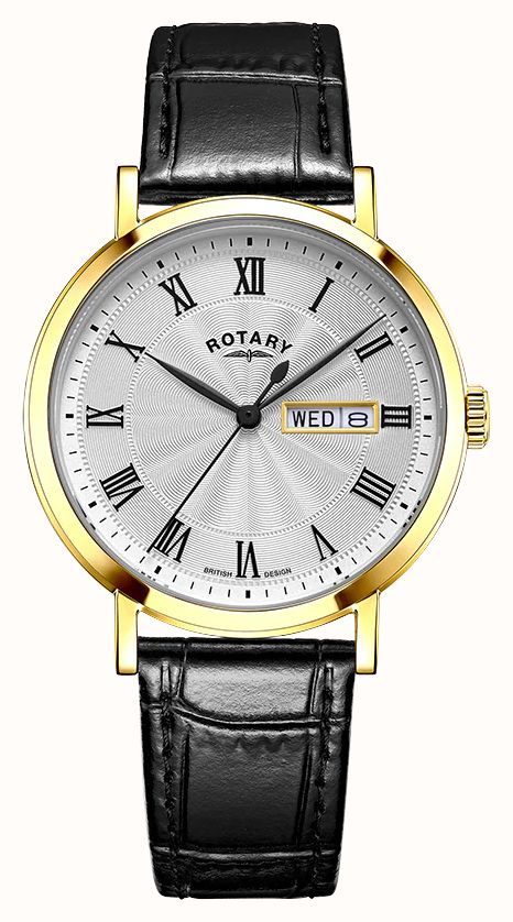 Rotary Dress Day-Date Quartz (37mm) White Guilloché Dial Black
