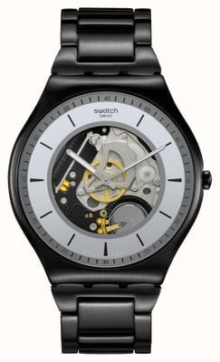 Swatch TRAIN THE HANDS (42mm) Silver Open Heart Dial / Black PVD Stainless Steel Bracelet SS07B113G