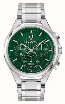 Bulova Cronógrafo curvo masculino | mostrador verde | pulseira de aço inoxidável 96A297