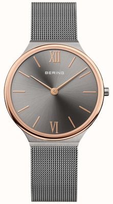 Bering Relógio feminino ultra fino (34 mm) cinza / pulseira de malha de aço inoxidável cinza 18434-369