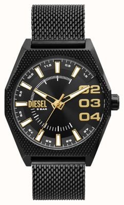 Diesel Herenschraper (43 mm) zwarte wijzerplaat / zwarte roestvrijstalen mesh-armband DZ2194
