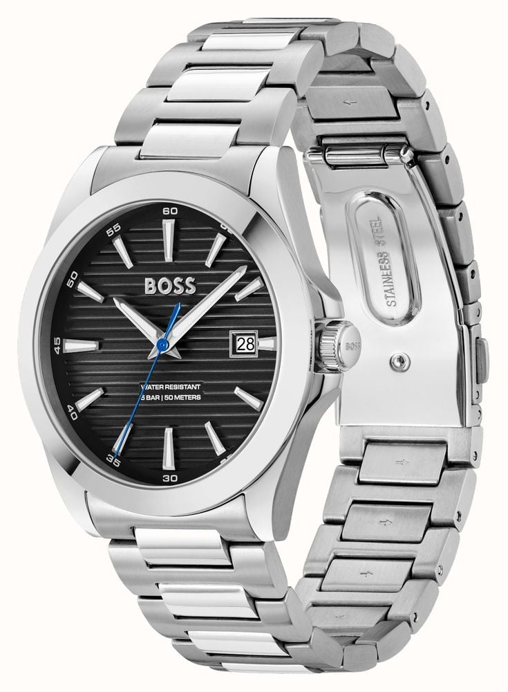 BOSS Men s Strike 41mm Black Dial Stainless Steel Bracelet 1514170 First Class Watches CAN