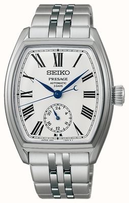 Seiko Presage Classic Serie Emaille-Zifferblatt „Tonneau“ (35,9 mm), weiß / Edelstahlarmband SPB537J1