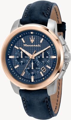 Maserati Herren-Successo (44 mm) mit blauem Chronographen-Zifferblatt und blauem Lederarmband R8871621015