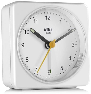 Braun Reloj despertador analógico clásico Bc03 - completamente blanco - 7,8 cm de ancho x 7,8 cm de alto x 3,2 cm de profundidad BC03W