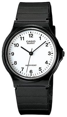 Casio Klassisches analoges Quarzwerk (34,9 mm) mit weißem Zifferblatt und schwarzem Harzarmband MQ-24-7BLL