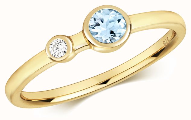 James Moore TH 9ct  Yellow Gold Dia.03ct Aquamarine.22ct Ring Size P RD492AQ/P