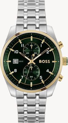 BOSS Men's SkyTraveller (44mm) Green Chronograph Dial / Stainless Steel Bracelet Watch 1514195