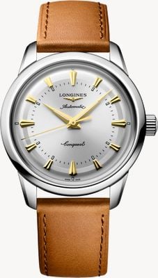 LONGINES Conquest Heritage Automatik (38 mm), silbernes Zifferblatt / braunes Lederarmband L16494722