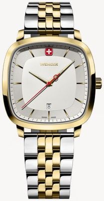 Wenger Klassisches Vintage-Quarzgehäuse (37 mm), silberfarbenes, sandgestrahltes Zifferblatt / zweifarbiges Edelstahlarmband 01.1921.104