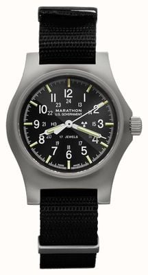 Marathon GPM-Stahl, mechanisches Allzweck-Uhrwerk der US-Regierung (36 mm), schwarzes Zifferblatt/schwarzes Armband aus ballistischem Nylon WW194003SS-0001