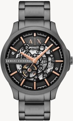 Armani Exchange Automatyczny zegarek męski (46 mm) z czarną tarczą szkieletową / bransoletą ze stali nierdzewnej w kolorze grafitowym AX2458