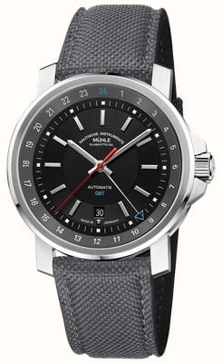 Mühle Glashütte 29er Big GMT Automatik (42,4 mm) schwarzes Zifferblatt / graues Canvas-Armband M1-25-93-CB-V