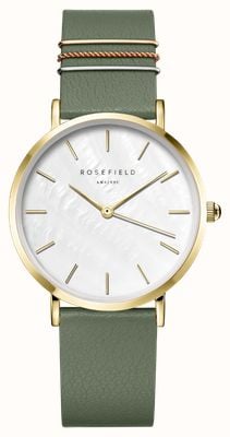 Rosefield West Village (33 mm) witte parelmoer wijzerplaat / groene leren band WFGG-W85