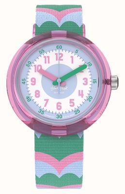 Flik Flak RETRO SCALES (31.85mm) White and Blue Dial / Blue, Green & Pink Recycled PET Fabric Strap FPNP151