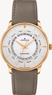 Junghans マイスター ワールドタイマー オートマチック (40.4mm) ホワイト文字盤 / ブラウンレザーストラップ 27/5012.01