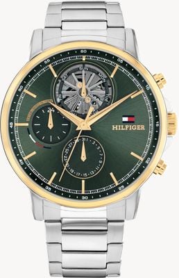 Tommy Hilfiger Reloj multifunción de corazón abierto Stewart (44 mm), esfera verde / brazalete de acero inoxidable 1710735