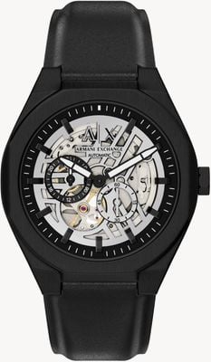 Armani Exchange Automatyczna mała sekunda szkieletowa (44 mm) srebrna tarcza / czarny skórzany pasek AX4297