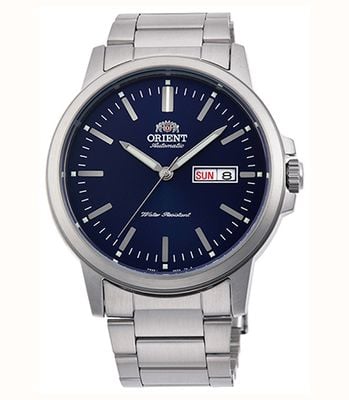 Orient Montre mécanique contemporaine jour/date (41,9 mm), cadran bleu foncé, bracelet en acier inoxydable RA-AA0C02L39B